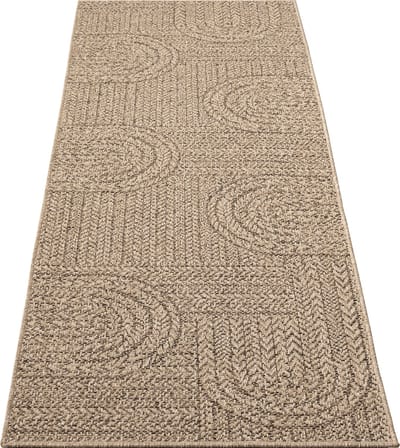 the carpet Kansas - Robuust In- en Outdoor vloerkleed, natuurlijk jute-look met cirkelmotief, weerbestendig, geschikt voor terras en tuin, 80 x 250 cm