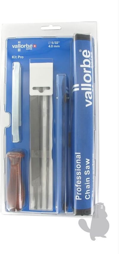 Blister VALLORBE met 3 ronde vijlen Ø 5/32" (4,0 mm) voor zaagketting 1/4" en 3/8" LP, een platte vijl, een vijlhouder, een handvat, een dieptesteller, een zaagbladgroefreiniger en een zakje.
