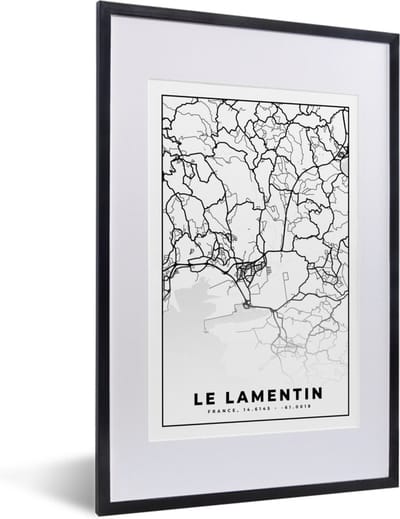 Fotolijst incl. Poster Zwart Wit- Stadskaart – Frankrijk – Kaart – Le Lamentin - Plattegrond - Zwart wit - 40x60 cm - Posterlijst
