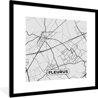 Fotolijst incl. Poster Zwart Wit- Stadskaart – Zwart Wit - Kaart – Fleurus – België – Plattegrond - 40x40 cm - Posterlijst