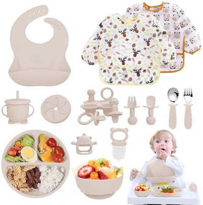SnelShoppen - 14-delige Babyvoeding Set, Siliconen Tafelgerei, Kindertafelset met Antislip en Zuignap, Kom, Drinkbeker, Slabbetje, Lepel, Vork (Beige)