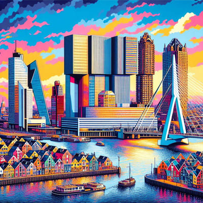 Acryl rotterdam schilderij | Stadsgezicht geschetst in dynamische kleuren: Rotterdamse acryl impressie | Kunst - 30x30 centimeter op Dibond | Foto op Dibond