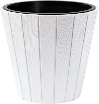 Prosperplast Plantenpot/bloempot Wood Style - buiten/binnen - kunststof - wit - D30 x H28 cm - met binnenpot