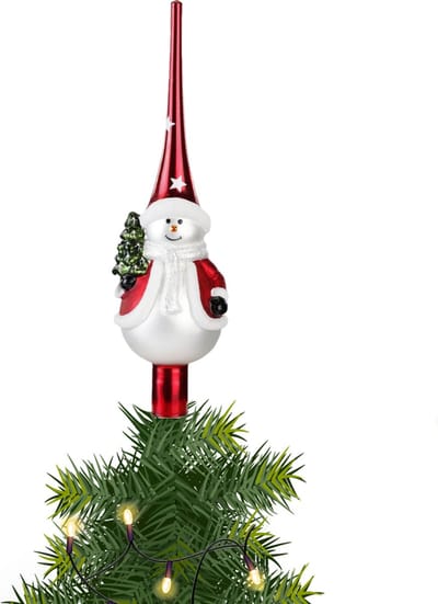 Inge Christmas sneeuwpop piek - 1x - glas - 31 cm - gedecoreerd - kerstboom topper - kerstversiering - kerstboomversiering