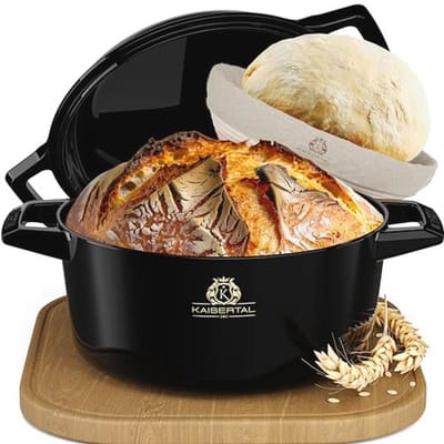 Geëmailleerde gietijzeren broodpan met deksel - 26 cm, inclusief gistmand - Perfect voor thuis bakken