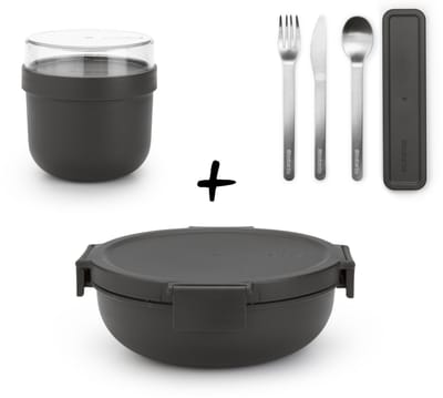 Brabantia Make & Take Set - Salade Lunchbox + Bestekset 3-delig + Yoghurtbeker - Dark Grey