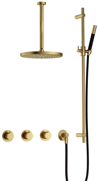 Hotbath Cobber IBS70 inbouw regendoucheset met staafhanddouche aan glijstang en 30cm ronde hoofddouche aan 30cm plafondarm geborsteld messing PVD