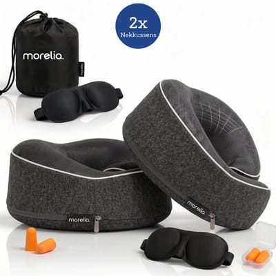 Morelia® 2x Volledige Set Nekkussen Zwart - Luxe Reiskussen voor het Vliegtuig en de Auto - Traagschuim