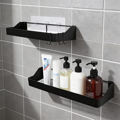 Badkamerrekken zonder boren, multifunctionele wandrek voor douchegel en shampoo, zwart, met haken en opbergruimte voor een georganiseerde badkamer