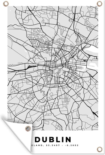 Muurdecoratie Dublin - Stadskaart - Zwart Wit - Plattegrond - Kaart - 120x180 cm - Tuinposter - Tuindoek