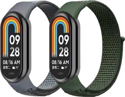Stravo 2-Pack Nylon Bandjes – Geschikt voor Xiaomi Smart Band 10 (Xiaomi Mi Band 10) / Xiaomi Smart Band 9 (Xiaomi Mi Band 9) / Xiaomi Smart Band 8 (Xiaomi Mi Band 8) – Klittenbandsluiting – Ademend Sport Bandje – Donkergrijs & Groen
