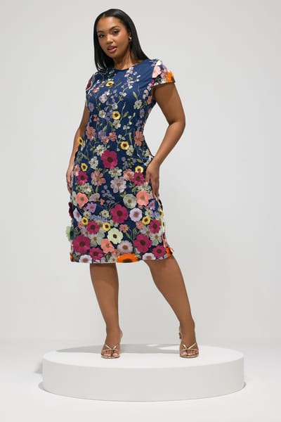 Yours London Marineblauwe En Roze Rechte Jurk Met 3D Geborduurde Bloemen Size 42