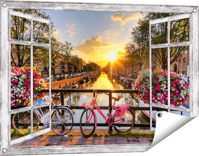 Gards Tuinposter Doorkijk Amsterdamse Brug met Zonsopgang - 90x60 cm - Tuindoek - Tuindecoratie - Wanddecoratie buiten - Tuinschilderij