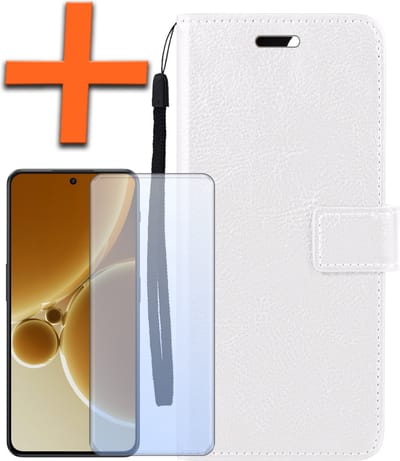 Hoes - Met Screenprotector - Geschikt voor OnePlus Nord 3 - Luxe Pasjeshouder - Bookcase Portemonee - Flip Case - Kunstleer Book Case - Flipcase - Book Cover - Walletcase - PortemonneeHoes - Wit
