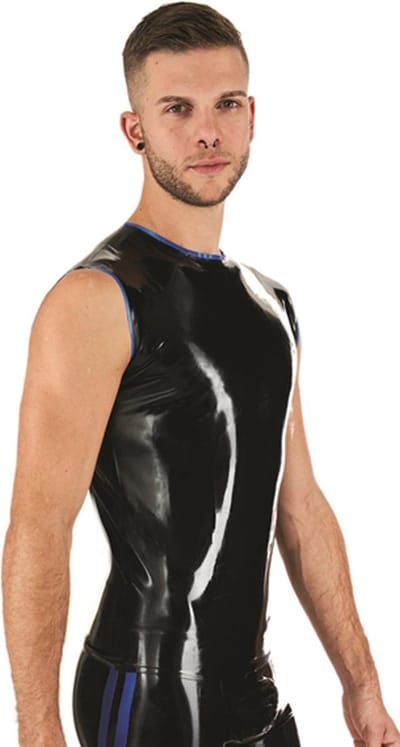 Mister B Rubber Mouwloos T-Shirt Zwart met blauwe bies - XS