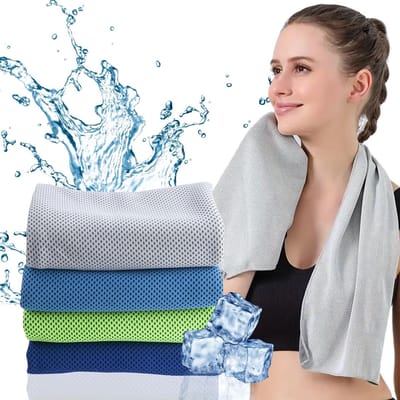 Set van 4 verkoelende handdoeken - 60 x 30 cm - zacht, ademend en sneldrogend - inclusief een draagbare siliconen hoes - geschikt voor yoga, sport, fitness, buitenactiviteiten en kamperen (lichtblauw, donkerblauw, groen, grijs)