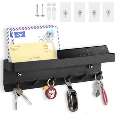 SnelShoppen - Wandhaak Sleutelhanger met Plank - Multifunctionele Zelfklevende Roestvrije Metalen Sleutelkast - 6 Haken - Geschikt voor Entree, Keuken
