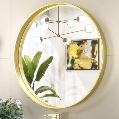 Ronde Wandspiegel Badkamer 60 cm Ø - Champagne Goud Geborsteld Metalen Frame - Decoratieve Badkamerspiegel