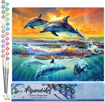 Figured'Art Schilderen op Nummer Volwassenen canvas Dolfijnen bij Dageraad - Handwerk acrylverf Kit DIY Compleet - 40x50cm zonder frame