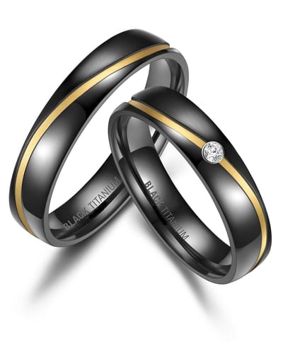 Jonline SET Trouwringen Zwart Titanium 14 Karaat Goud Zirkonia| Vriendschapsringen | Relatie ringen