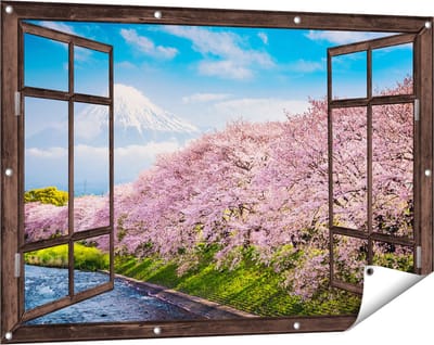 Gards Tuinposter Doorkijk Roze Bloesembomen bij de Fuji Berg - 120x80 cm - Tuindoek - Tuindecoratie - Wanddecoratie buiten - Tuinschilderij