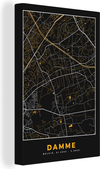 Canvas Schilderij Plattegrond - Kaart - Damme - Goud - Stadskaart - 20x30 cm - Wanddecoratie