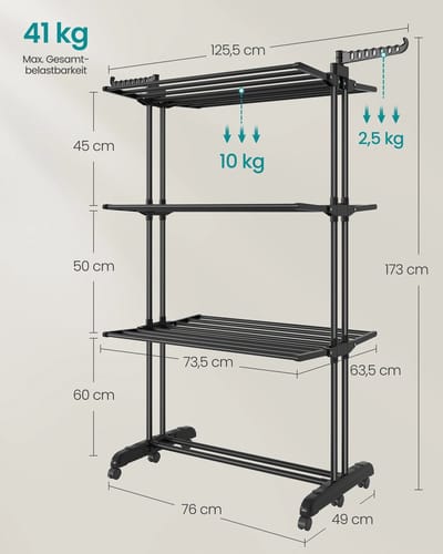 Emvae Wasrek - Droogrek - Wasdroogrek - Wasdroger - 4 Niveaus - Opvouwbare Vleugelwasrek - met Wielen - 63,5x125,5x173 cm - Staal Kunststof