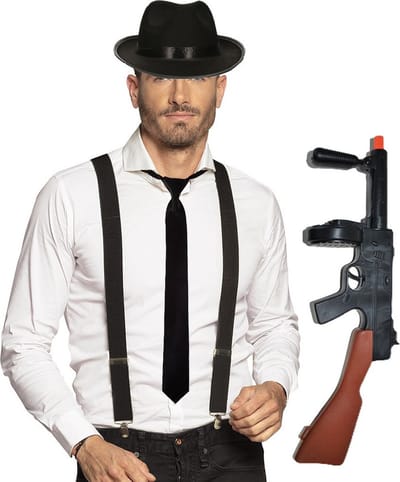 Gangster verkleedkleding setje zwart - hoed - stropdas - bretels - machinegeweer - voor heren - 4-delig