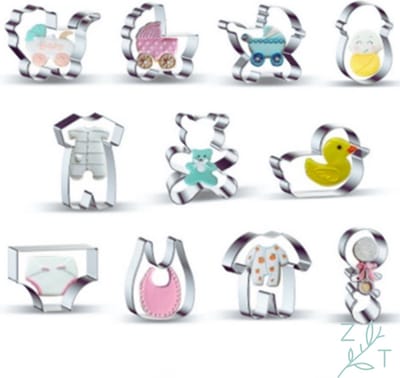 ZijTak - Uitsteekvorm set - 11 stuks - Baby shower - Babyshower - Genderreveal - Baby borrel - Gender reveal party - Geboorte - RVS uitsteekvormen - Roestvrij Staal - Kinderwagen - Beer- Fopspeen - Badeend - Slabber - Rombertje - Pamper - Kruippak