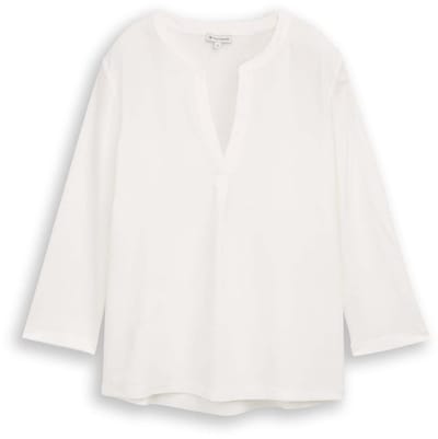 Tom Tailor - Henley shirt met lange mouwen in een mix van materialen - Maat XL - Whisper White