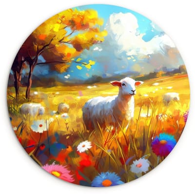 WallCircle® Wandcirkel 120x120 cm - Muurcirkel Schaap - Weide - Bloemen - Muurdecoratie woonkamer - Wanddecoratie slaapkamer - Kamer decoratie accessoires - Ronde schilderijen XXL
