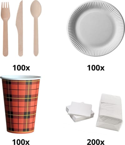 Bestekset - 100 houten vorken - servetten 1-laags 200 stuks - 100 houten lepels- 100 houten messen - 100 kartonnen borden 23cm - 100 kartonnen bekers - feest - verjaardag- lunch - dinner - restaurant - party - kantoor - bio - milieuvriendelijk