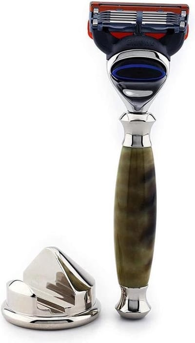 Premie 5 Kante Cartridge verenigbaar scheermes en roestvrij staal houder nieuw handvat ontwerp in hoge kwaliteit hars een perfect cadeau voor elke heer (5 Blade Safety Razor with Stand)