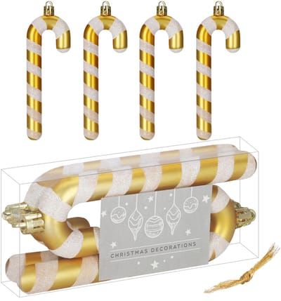 Springos Kersthanger | Zuurstok | Kerstboomhanger | Wit | Goud | Kunststof | 14 cm | 4 Stuks