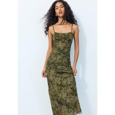 Stradivarius Midi-jurk met dunne bandjes en gevlokt detail  Kaki XS