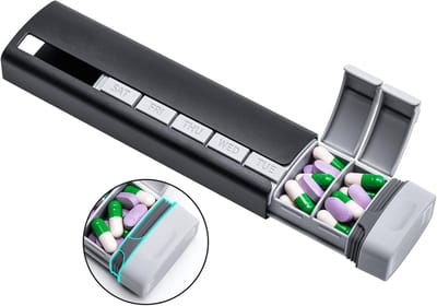 Pillendoosjes – Medicijndoosje voor 7 dagen – Metalen reis-pillendoos – Premium aluminium – Wekelijks pillendoosje – Stijlvolle & schattige pillenhouder – Geschikt voor medicijnen, supplementen en vitaminen – Zwart