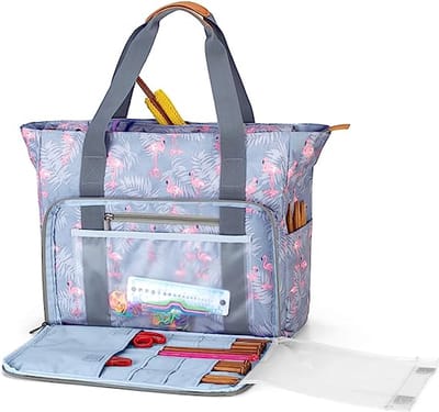 Breien schoudertas, garen opslag draagtas voor garen en onvoltooid project, haaknaalden, breinaalden en accessoires (geen accessoires inbegrepen) (Flamingo)
