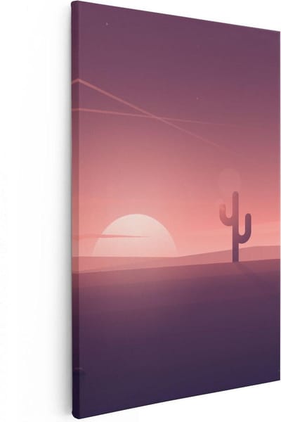 Artaza Canvas Schilderij Cactus Zonsondergang - 20x30 cm - Klein - Muurdecoratie Woonkamer - Wanddecoratie Zon - Schilderijen Op Canvas