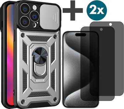 Hoesje met Privacy screenprotectors 2 stuks Geschikt voor iPhone 15 Pro Max met Ringhouder en Camera schuifje - Arara backcover - Zilver