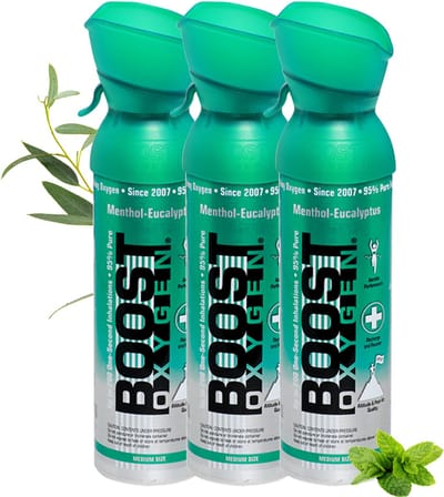 Boost Oxygen - Medium 5L - Menthol-Eucalyptus - 95% Pure Zuurstof - Tot wel 300 inhalaties van 1 sec - Ademhalingsondersteuning voor sport herstel, hoogte, prestaties en gezondheid - Zuurstoffles - 3x 5L (3 pak, 15L totaal)