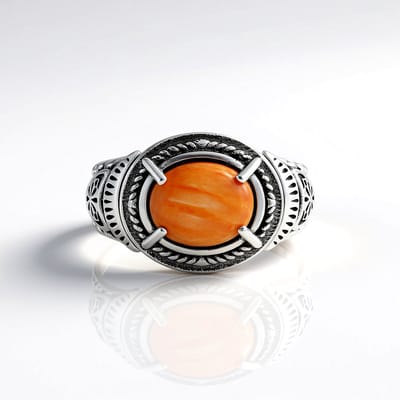 Cavill - Zilveren Ring 925 Sterling Geoxideerd - Oranje Stekelige Oester 2,115 ct - Ovaal Cabochon - Handgemaakt - Mexicaanse Edelsteen