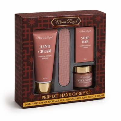 HEM Luxe Handverzorgingsset – Handcrème, Zeep, Nagelriemcrème & Nagelvijl – Wellness Verzorgingsset – Cherry Blossoms & Amber – Bordeaux Rood – Inclusief HEM Microvezeldoekje