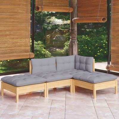 vidaXL - 4-delige - Loungeset - met - grijze - kussens - massief - grenenhout