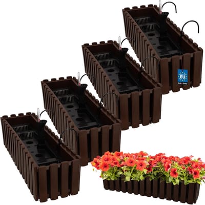 KOTARBAU® 4 st Balkonbak, Bloembak voor Balkon, Kunststof, 58 x 18 x 16 cm, Bruin, Balkonbak met Houder, Zelfbewaterend Systeem, Balkon Plantenbak, Weerbestendige Plantenbak