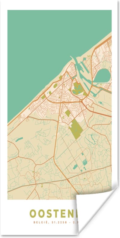 Poster Kaart - Plattegrond - Vintage - Stadskaart - Oostende - 80x160 cm