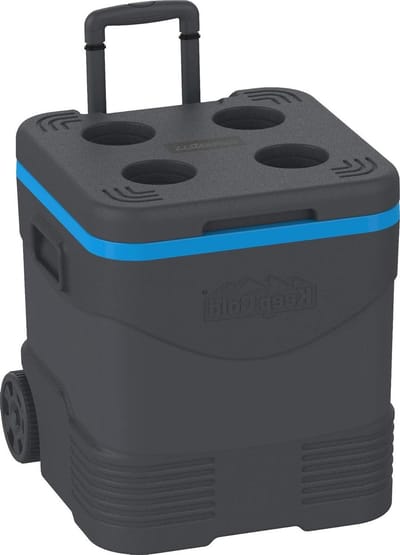 Duramax Trolley Icebox Koelbox, 45 liter, krachtige koelbox met PU-isolatie, handgrepen aan de zijkant met veilige dekselvergrendeling en bekerhouder op het deksel, grijs en blauw