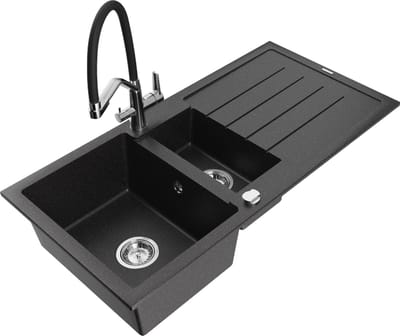 Mexen Andres granieten spoelbak 1,5-komorige met druiprek en keukenmengkraan Duo, zwart/zilver metallic - 6515-73-671701-07