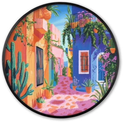 Poster in lijst Rond - Fotolijst 60x60 cm - Posters - Geel - Blauw - Oranje - Huis - Ronde posterlijst zwart - Decoratie - Wanddecoratie woonkamer - Muurdecoratie slaapkamer