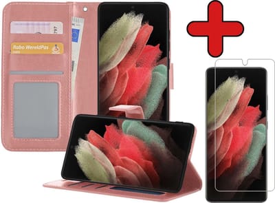 Hoesje - Met Screenprotector - Geschikt voor Samsung Galaxy S21 Ultra - Luxe Pasjeshouder - Flipcase - Bookcase Portemonee - Flip Case - Kunstleer Book Case - Book Cover - Walletcase - Portemonneehoes - Telefoonhoes - Rosé goud