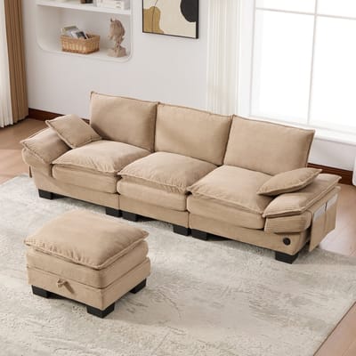 MODENUIT Sofa 260 x 132 cm - 3-Zits Met Hocker, USB-C En Zijvakken - Voor Woonkamer En Kantoor - Corduroy Khaki